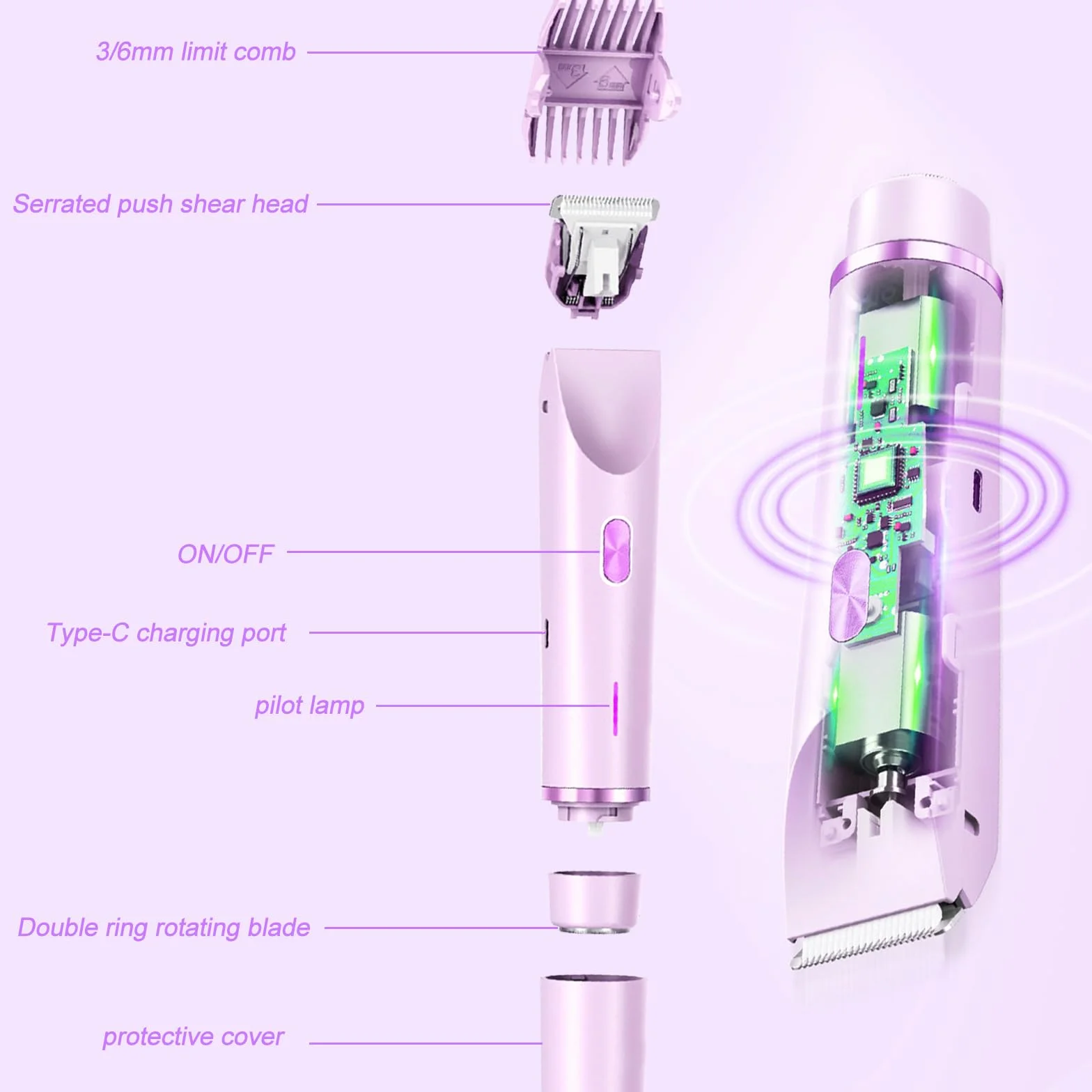 Intimrasierer für Frauen, 2-in-1 Elektrischer Rasierer Damen Intimbereich Intimrasierer, Damenrasierer Elektrisch mit USB-C-Laden für Underarm, Leg, Arm, Body, Face (Lila)