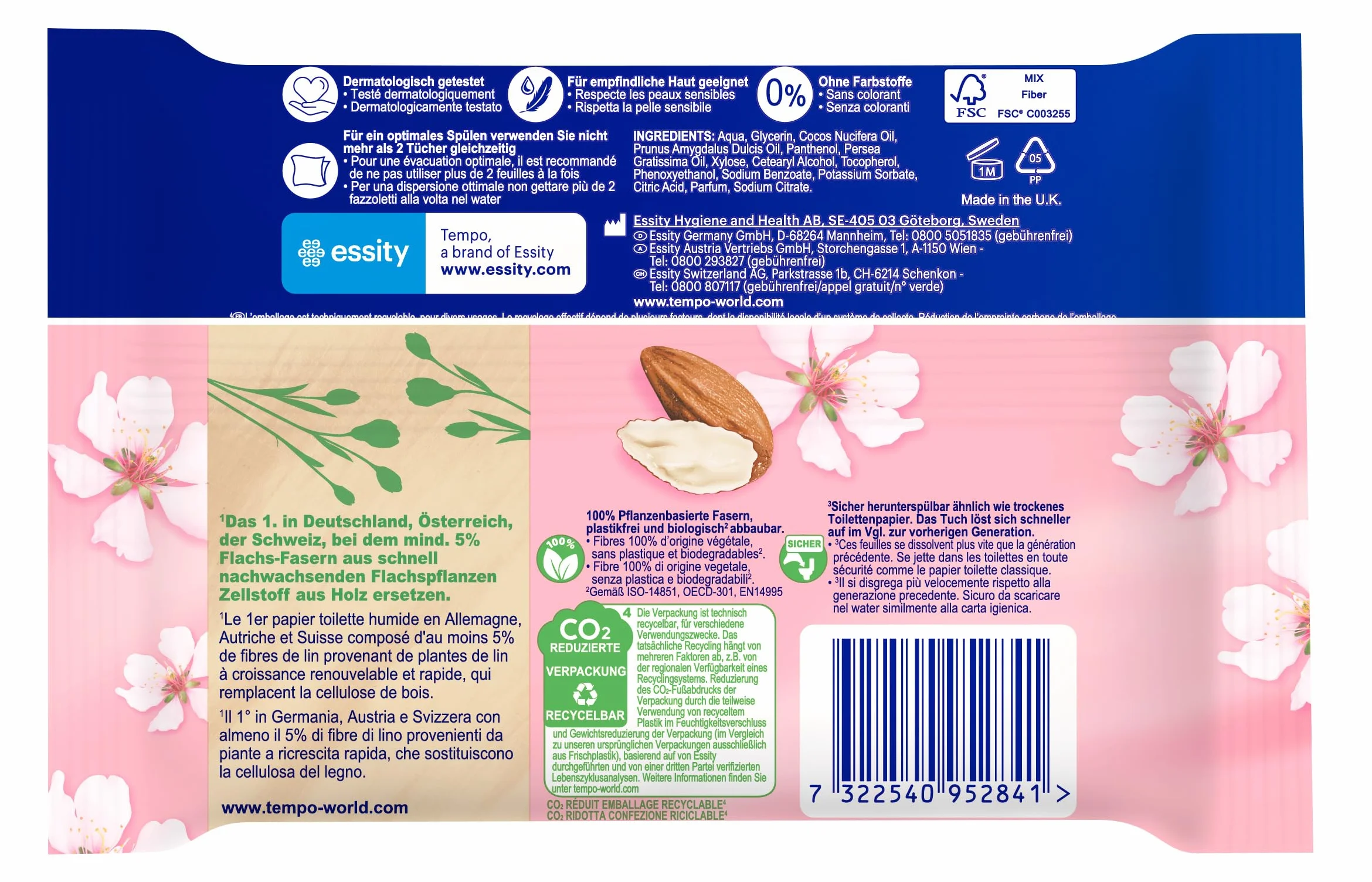 Tempo Toilettenpapier Feucht Mandelmilch & Panthenol, 16er Pack (8 x 2 x 42 Stück)