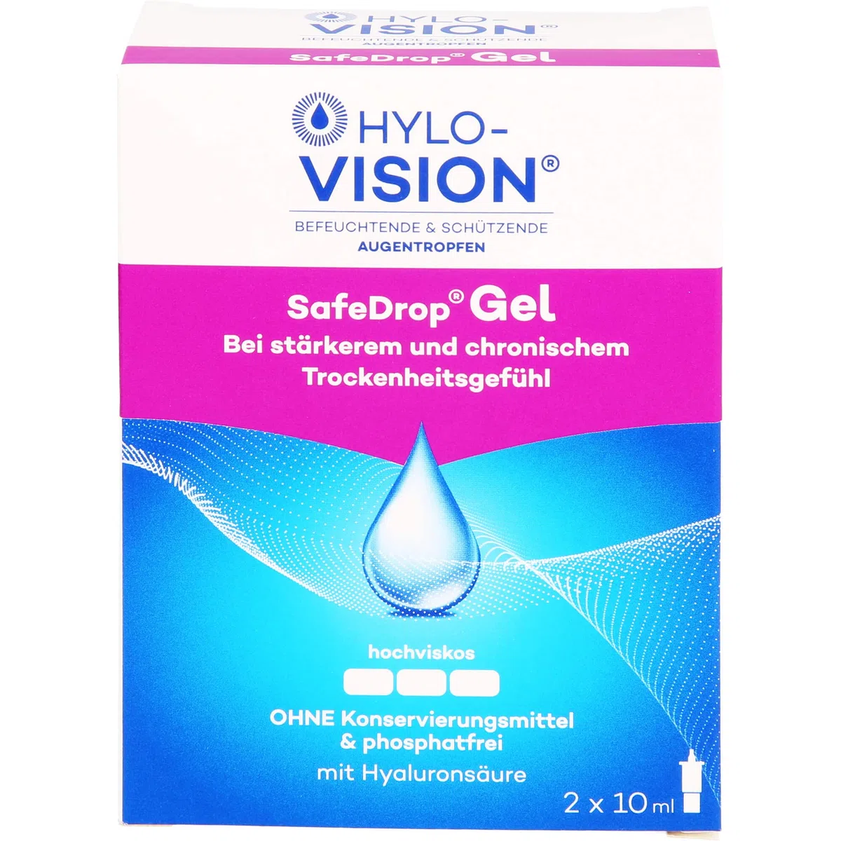 Hylo-Vision SafeDrop Gel Augentropfen – Linderung bei stark und chronisch trockenen Augen, intensive Befeuchtung, hochviskos, konservierungsmittelfrei, geeignet bei Kontaktlinsen, 2x10 ml