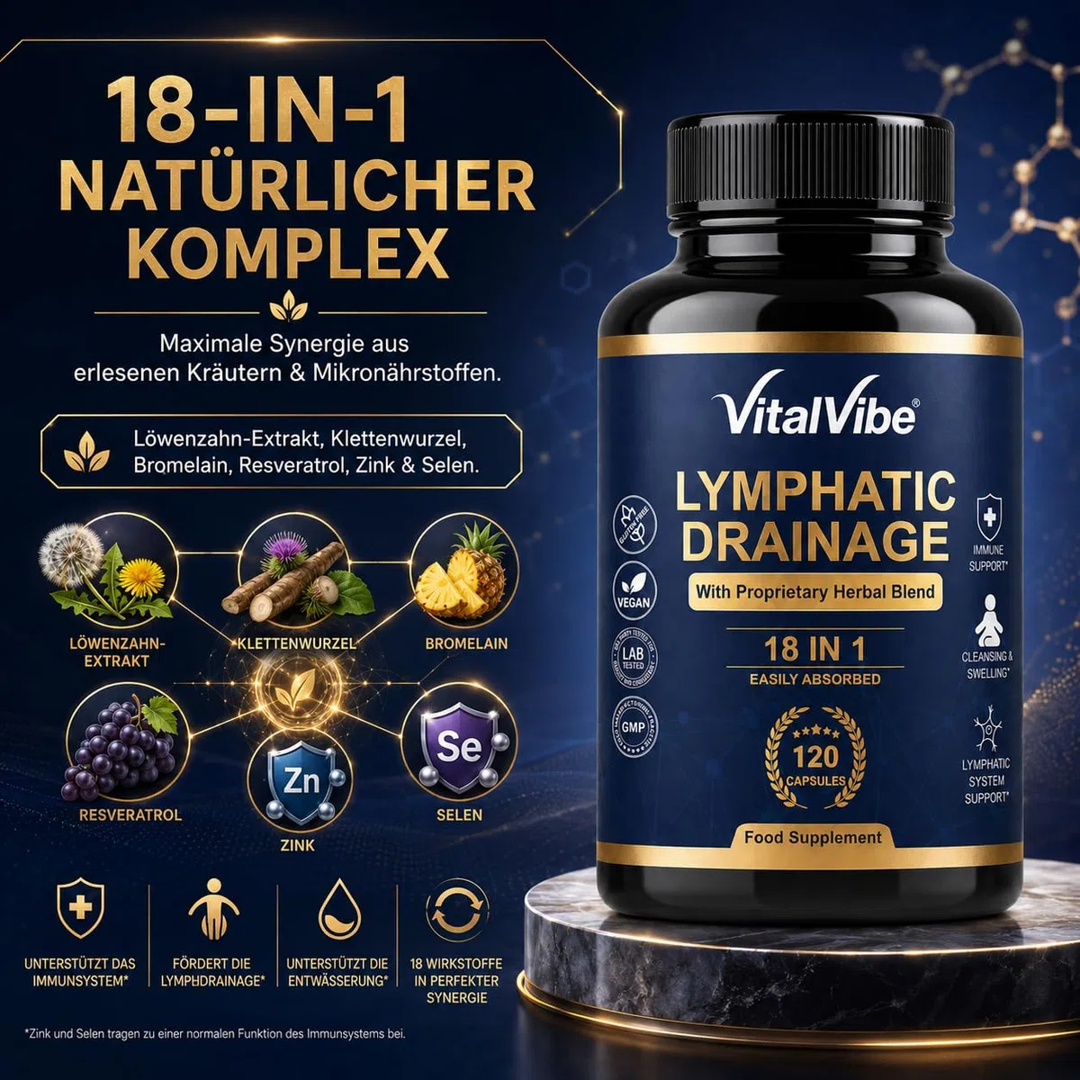 Lymphdrainage Kapseln - 18 in 1 Komplex mit Löwenzahn, Klettenwurzel & Bromelain - Lymphatisches System & Immunsystem Support - 120 Vegane Kapseln mit Vitamin C, D3, Zink & Selen