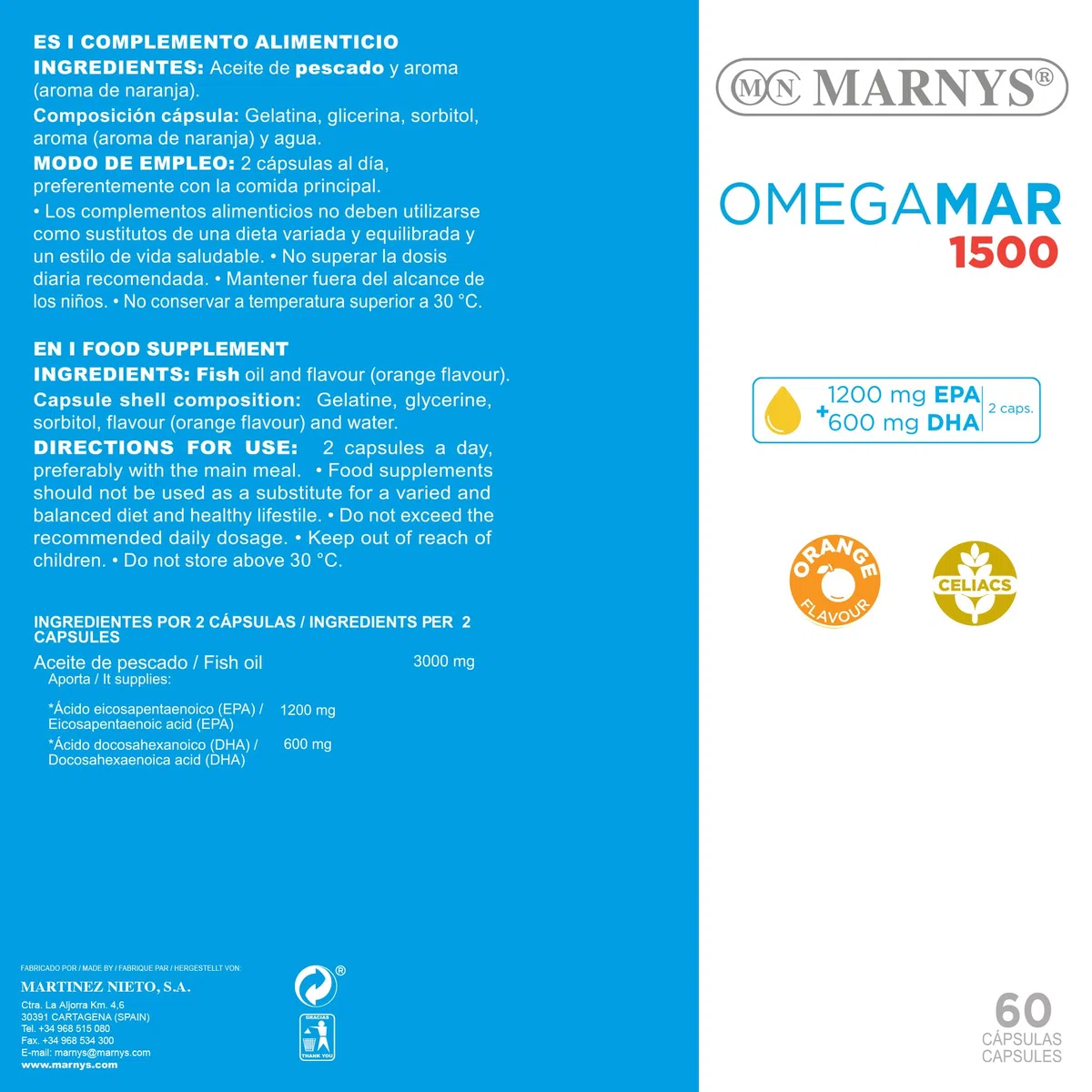 Omegamar 1500 MARNYS - Omega 3 - DHA+EPA Herz-Kreislaufschutz - Hohe Konzentration an Fettsäuren - Zöliakie geeignet - 60 Kapseln