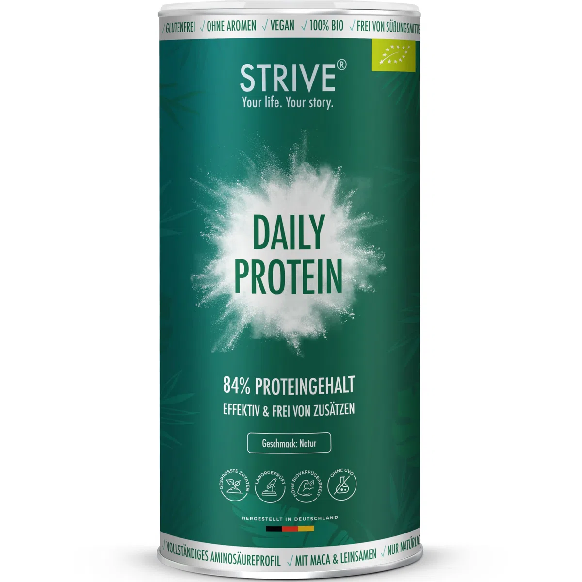 DAILY PROTEIN 100% BIO Vegan | Natur | Effektiv & Frei von Zusätzen | 84% Proteingehalt mit optimalem Aminosäureprofil | 1000g pflanzliches Bio Eiweiß Pulver aus Erbse Soja Reis Hanf, DE-ÖKO-039