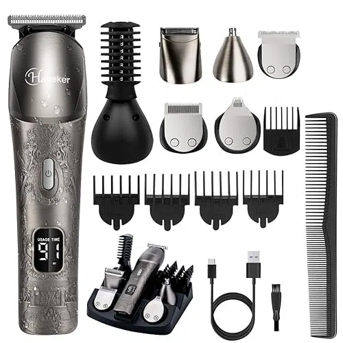 Hatteker Haarschneidemaschine 6 in 1 Herren Bartschneider Barttrimmer Haartrimmer Elektrischer Rasierer Präzisionstrimmer Körperhaartrimmer Nasenhaartrimmer Wasserdicht mit 5 Trimmerköpfen