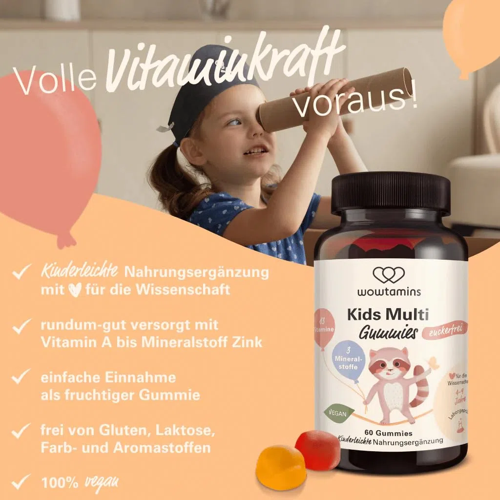 wowtamins Kids Multi Gummies zuckerfrei - Vitamine für Kinder (30-Tage-Vorrat) mit 13 Vitaminen & 3 Mineralstoffen - Nahrungsergänzungsmittel als hochdosierte & Vegane Multivitamin Gummies