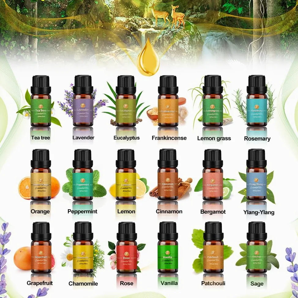 Ätherische Öle Set 18 x 10 ml, Teebaum, Lavendel, Eukalyptus, Weihrauch, Zitronengras, Rosmarin, Orange, Minze, Zitrone, Bergamotte, Ylang-Ylang, Grapefruit,Kamille, Rose, Vanille, Patchouli