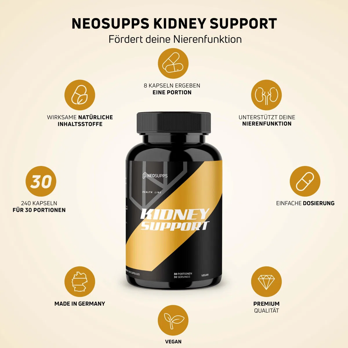 Neosupps Kidney Support, 240 Kapseln Vegan, Natürliche Nierenunterstützung Astragalus, Sinensis & Selleriesamenextrakt, Entgiftung, Harnwegsgesundheit & Zellschutz (240 Kapseln, Geschmacksneutral)