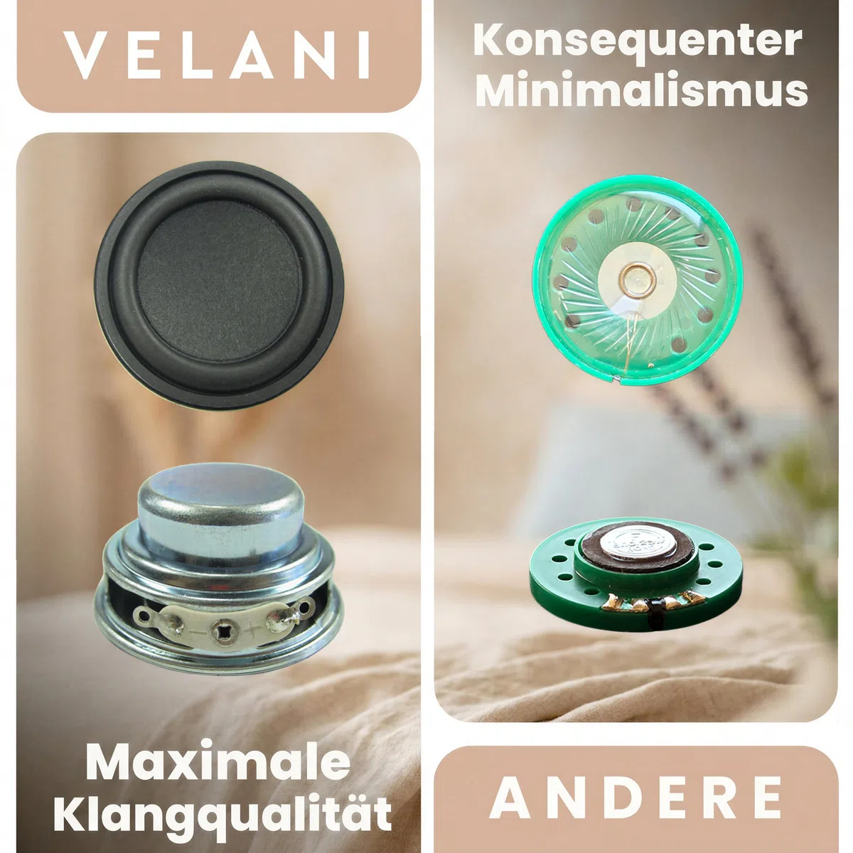 Zwitscher Naturgeräusche Box mit Bewegungsmelder - 18 brillante Klänge, Timer 2–120 Min. für Entspannung im Gäste WC, Vogelgezwitscher Box – VELANI Prestige (Pastell-Cremeweiß, Herz)
