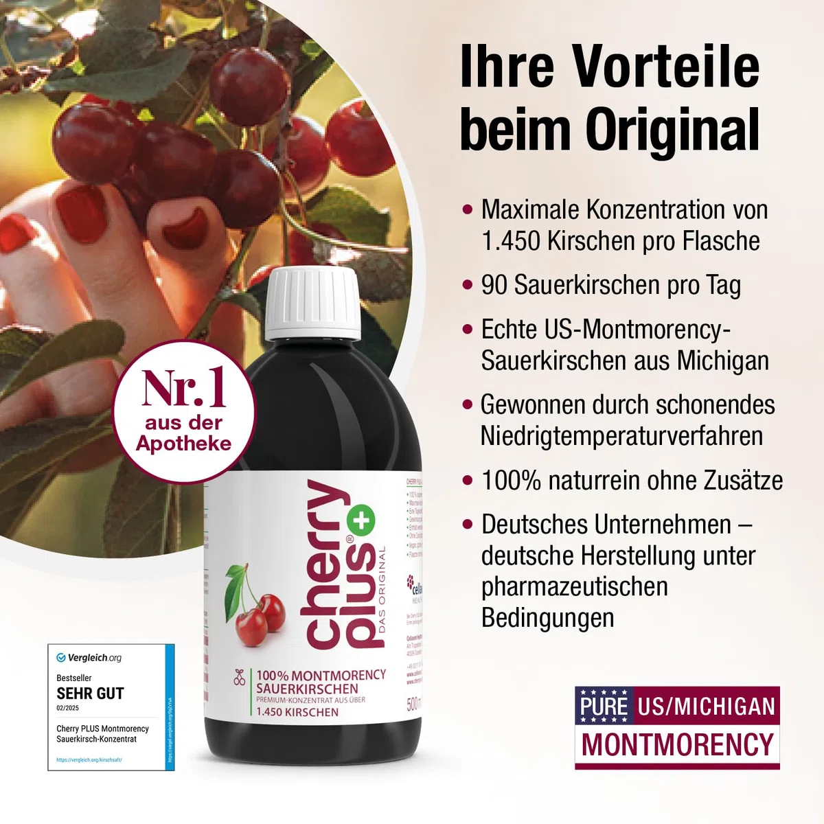 US-Montmorency-Sauerkirsch-Konzentrat – hochkonzentriert – 1.450 Montmorency-Sauerkirschen pro Flasche (500 ml) – Cherry PLUS