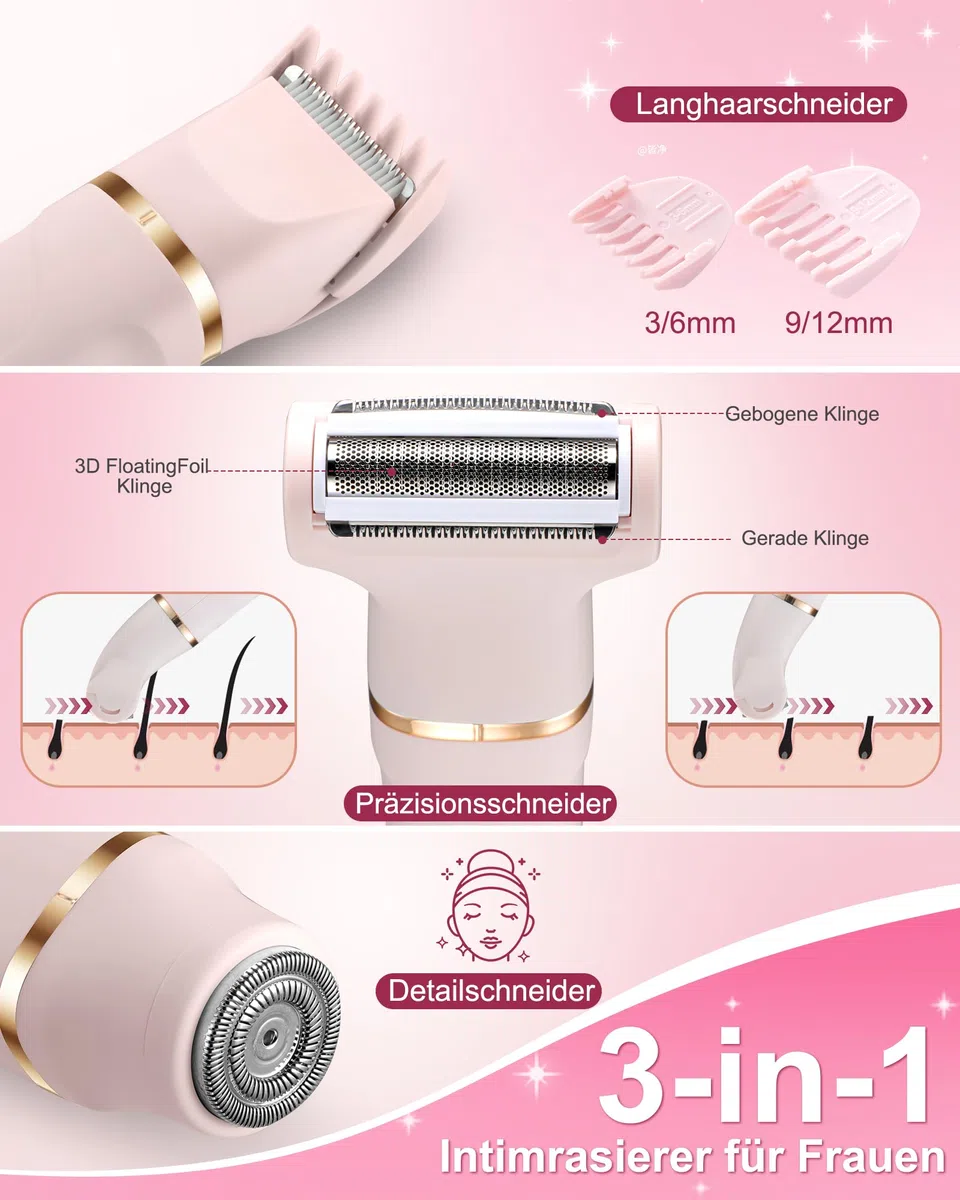 Rasierer Damen,3-In-1 Intimrasierer für Frauen,Gesichtshaarentferner für Frauen,Damenrasierer Elektrisch für Beine, Arme, Achseln und Bikinizone,Wiederaufladbarer Ipx7 Wasserdicht Trimmer Damen, Rosa