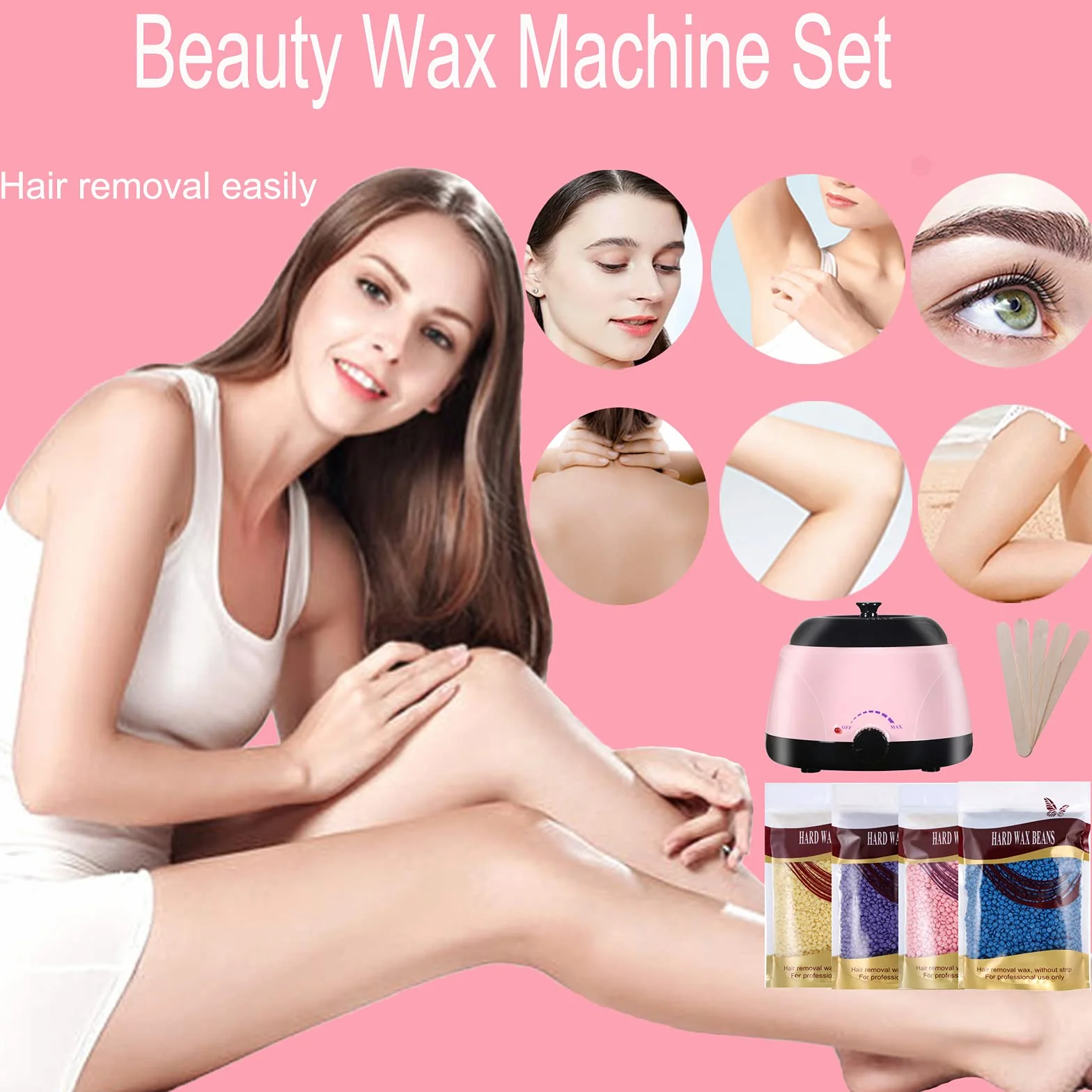Wachswärmer Wachs Haarentfernung - Wax Maschine Wax Heater Wax Warmer Waxing Set Heisswachs Wachsgerät Wachs Kit mit 4x100g Wacshbohnen, 20 Holzspateln Kann für Körper, Beine,Bikini, Männer und Frauen