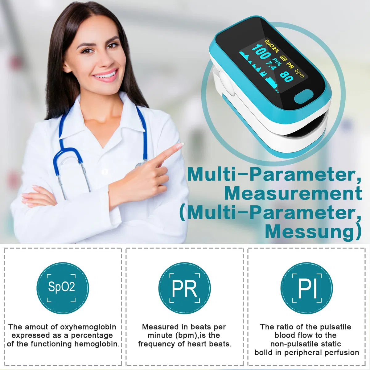 MOMMED Pulsoximeter, Sauerstoffsättigung Messgerät Finger, Fingerpulsoximeter mit Alarm zur Messung der Sauerstoffsättigung (SpO2), Pulsmesser für Kinder & Erwachsene, OLED Anzeige die sich mitdreht