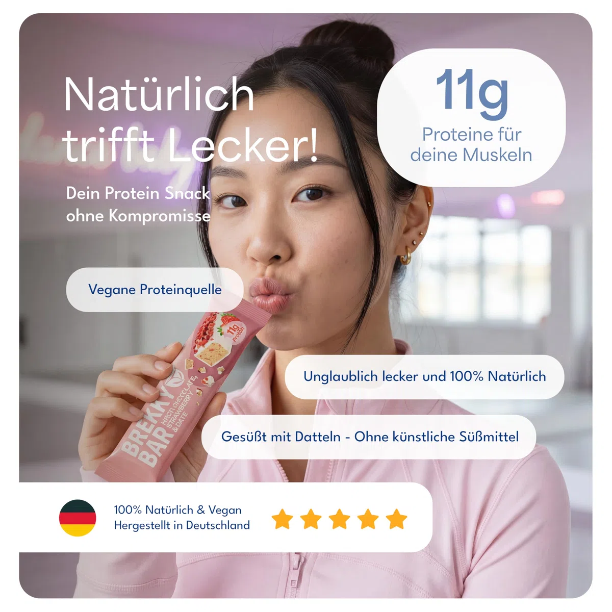 Brekky Bar Erdbeer Proteinriegel Vegan – 11g pflanzliches Protein pro Riegel – ohne Zuckerzusatz, 100% vegan & natürlich – High Protein Riegel mit Datteln, Mandeln & Erdbeeren