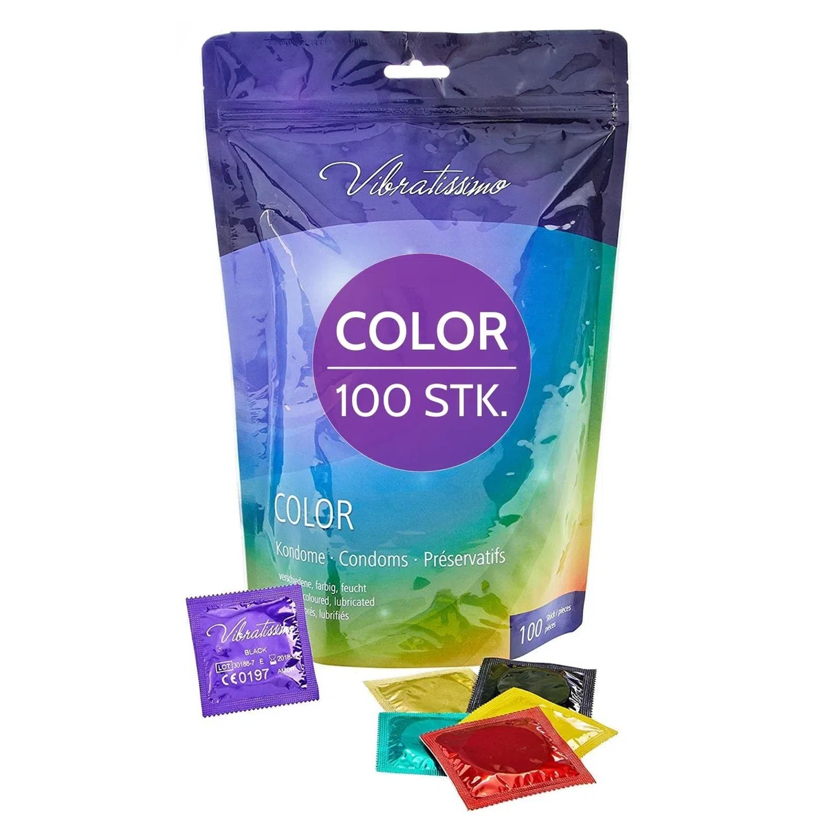VIBRATISSIMO Kondome 100er Pack | Gefühlsecht & Extra Feucht | Bunte Verhütung Für Männer | Packung in Rot, Schwarz, Grün, Gelb, Gold