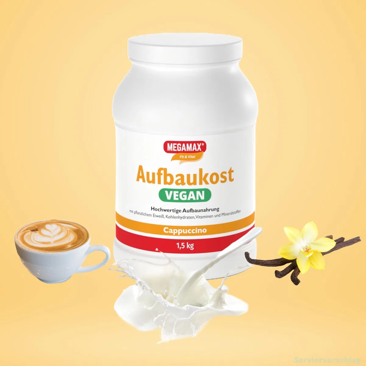 MEGAMAX Aufbaukost VEGAN Cappuccino 1.5 kg -Ideal bei Masseaufbau und Mangelernährung -Proteinpulver zur Zubereitung eines fettarmen Kohlenhydrat-Erbsenprotein Getränkes für Muskelmasse als Massgainer