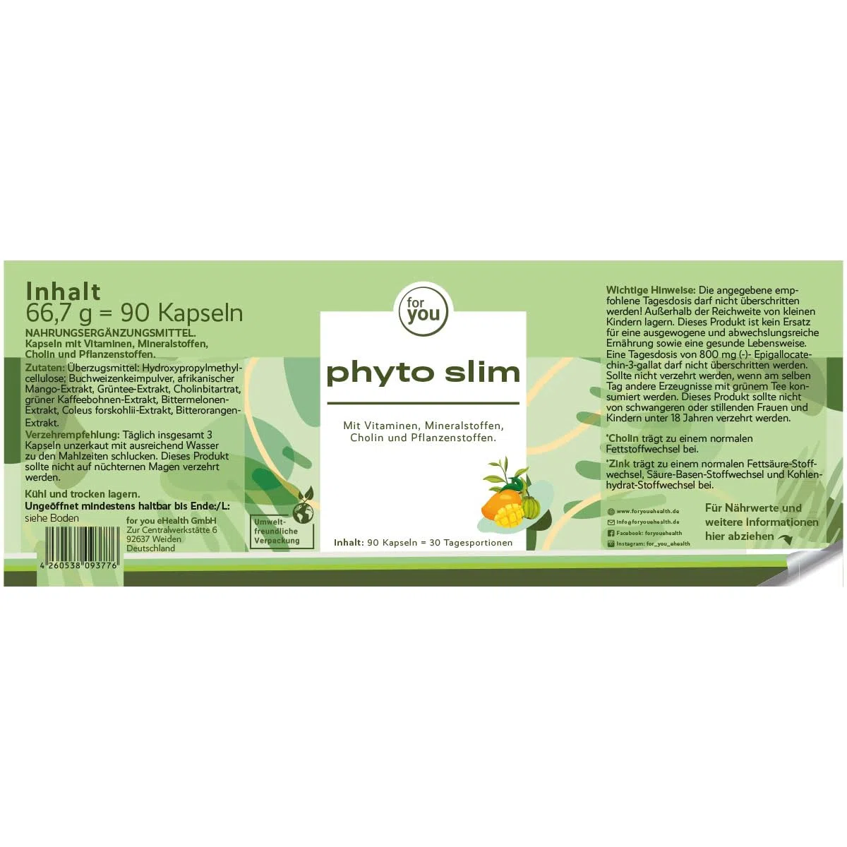 for you phyto slim 90 Kapseln - Hohe Bioverfügbarkeit - Mit hochwertigen Pflanzenstoffen: Buchweizenkeimpulver, afrikanischer Mango-Extrakt, Grüntee-Extrakt, grüner Kaffeebohnen-Extrakt