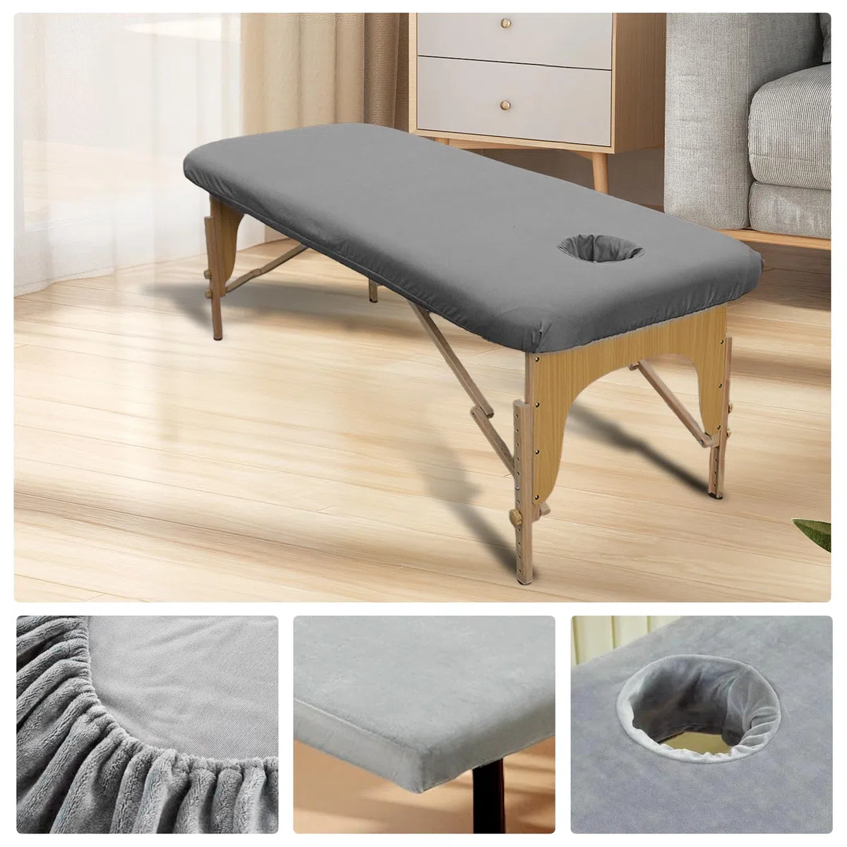 2 Stück Bezug für Massageliege: 80 x 190cm Spannbezug für Massageliege Ölresistent, Waschbare Beauty Bettbezug mit Loch, Elastisches Massagetische Bezug für Kosmetik-Tische, Spa, Therapie-Bänke(Grau)