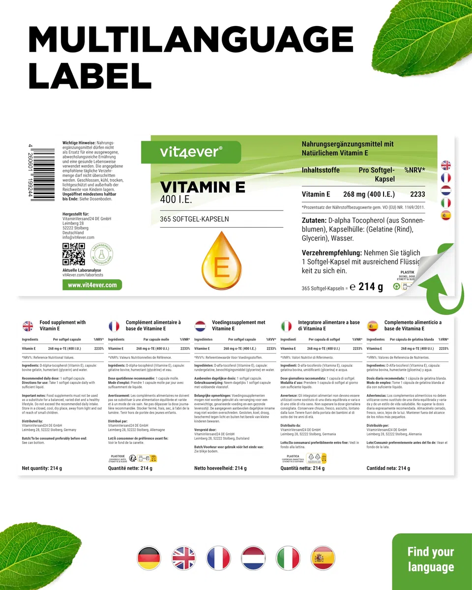 vit4ever Vitamin E 400 I.E. natürlich - 365 Softgel Kapseln - Premium: Natürliches Vitamin E aus Sonnenblumen - 12 Monatsvorrat - Hochdosiert