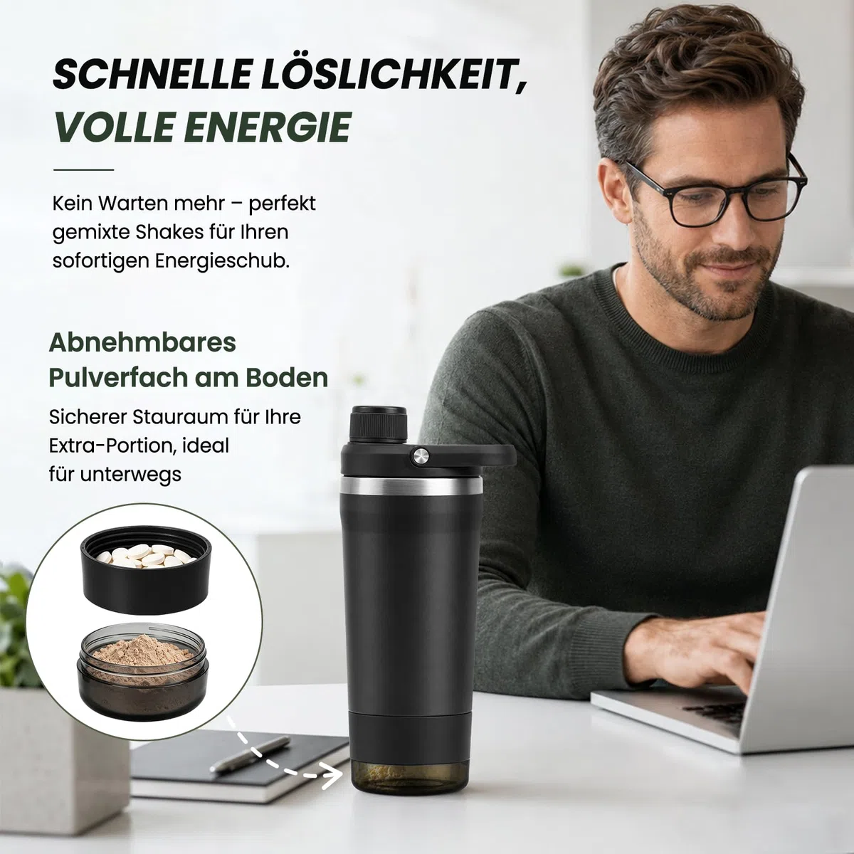 Shaker Edelstahl 700ml, Edelstahl Shaker Doppelwandig mit Pulverfach, Proteinshaker mit Innenskalierung für eisgekühlte Proteinshakes, Klumpenfrei, Auslaufsicher für Freizeit und Sport, BPA-Frei