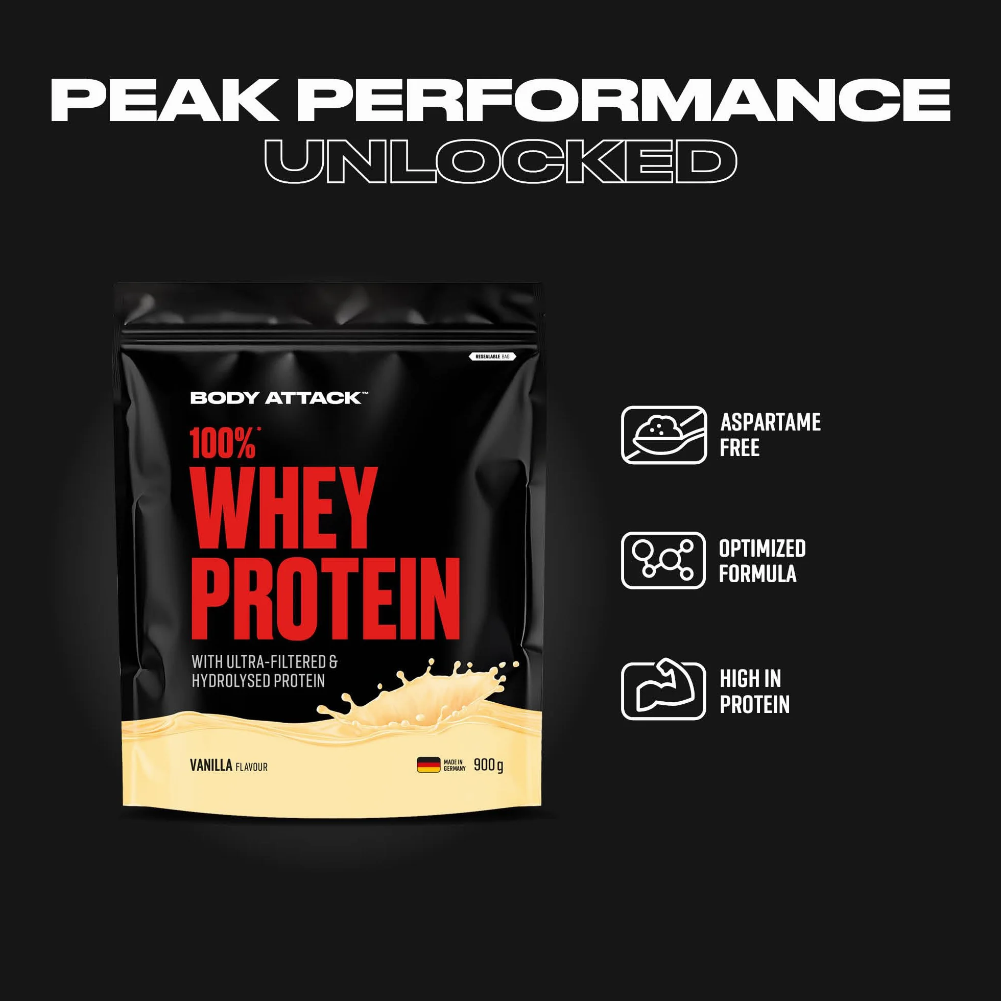 Body Attack 100% Whey Protein - Chocolate, 900 g - Made in Germany - extra cremiges Eiweißpulver mit Hydrolysat und BCAA´s, unterstützt Muskelaufbau und Diäten, für alle Sportler & Athleten