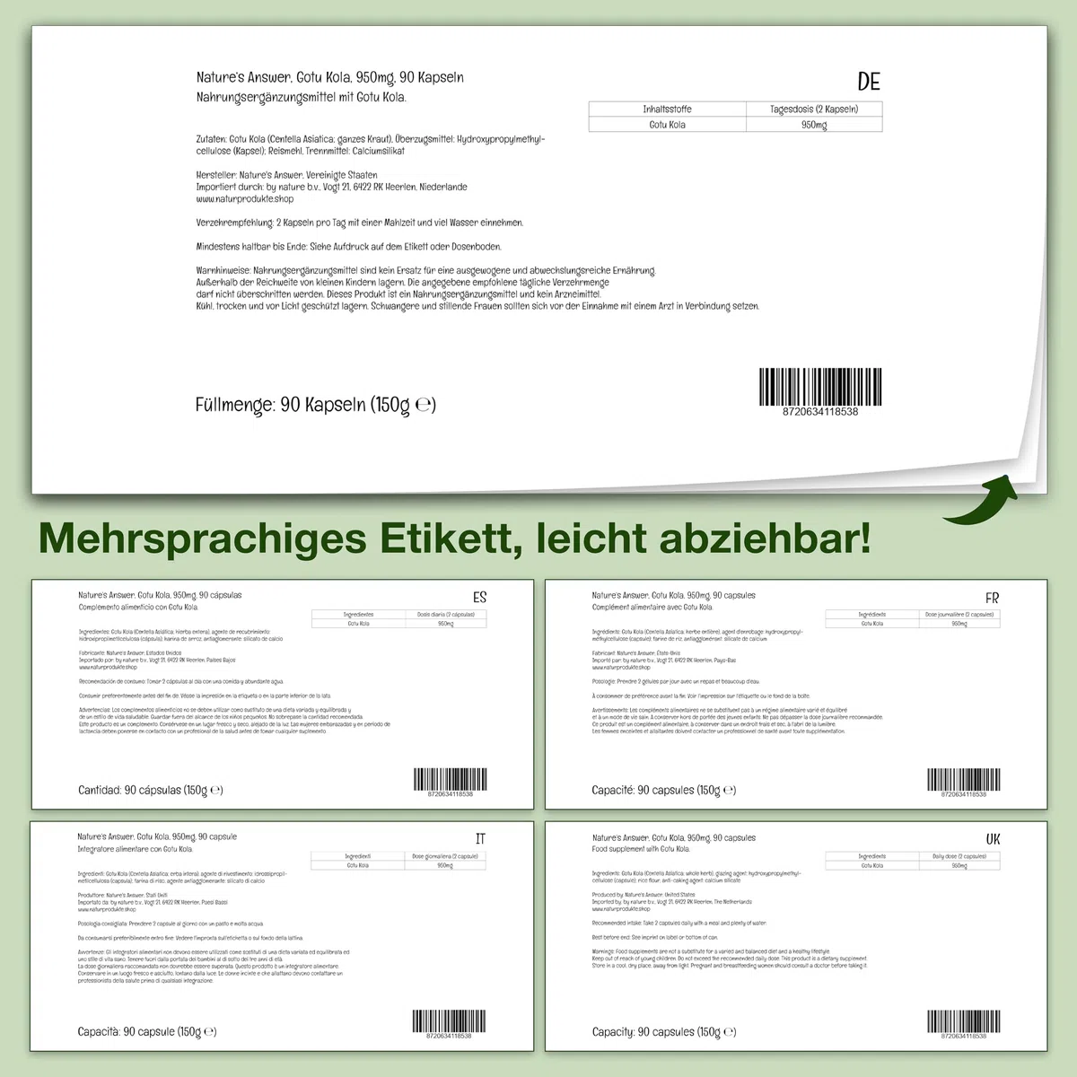 Nature's Answer, Gotu Kola, 90 vegane Kapseln, 950mg Gotu Kola je Dosis, Glutenfrei, Sojafrei, GMO frei, Geschmacksneutral