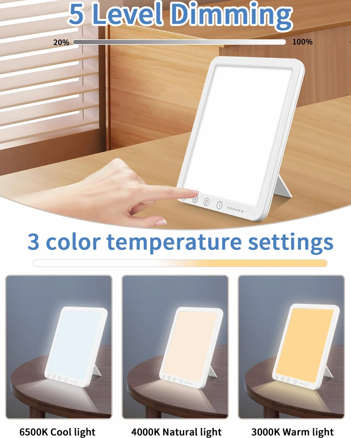 Tageslichtlampe 10000 LUX,Lichttherapielampe, LED Daylight Lampe mit 3 Farbtemperaturen, 10 Helligkeitsstufen und 6 Timer,UV-freie LED lampe Tageslicht mit Touch-Steuerung, Memoryfunktion für Zuhause/