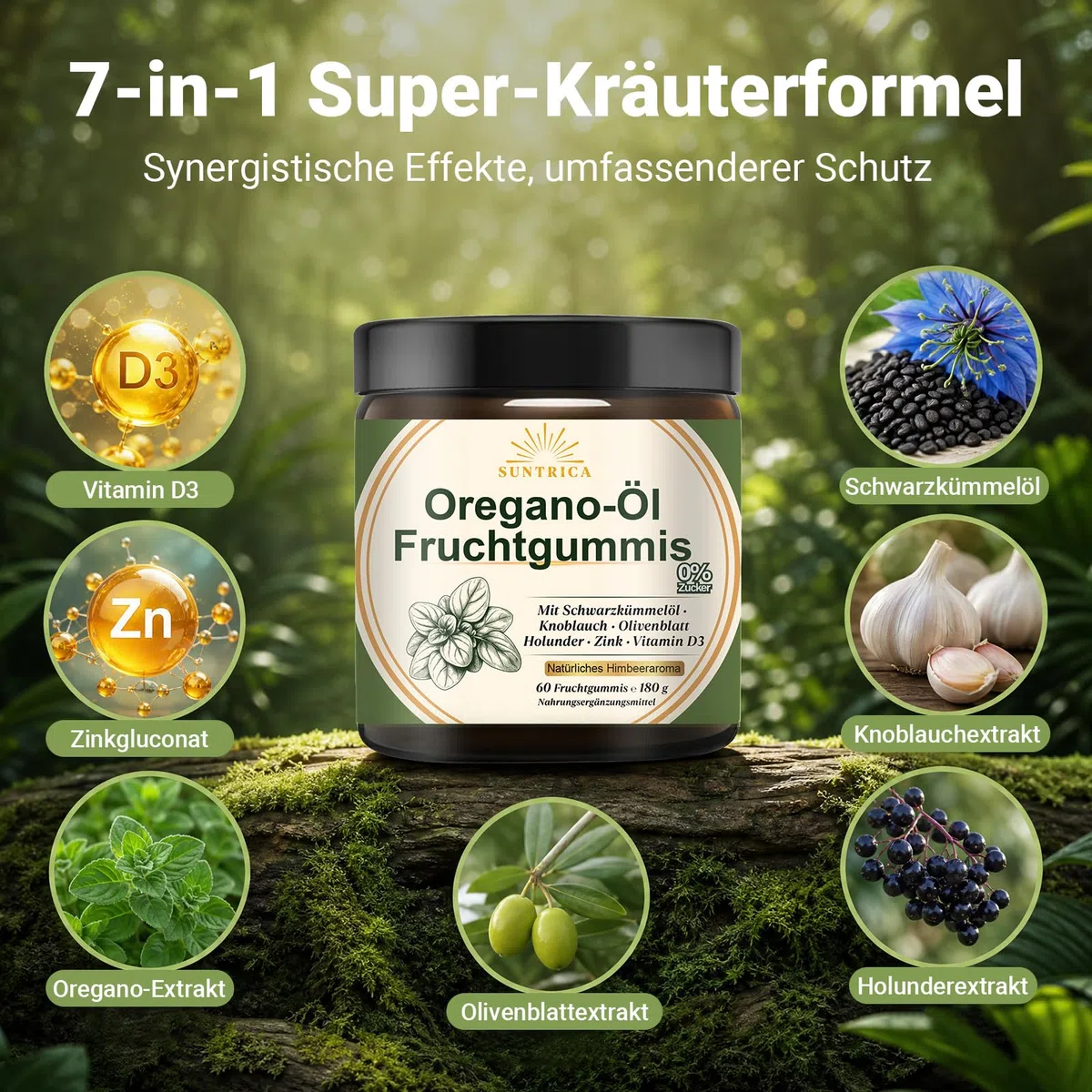 Oregano Öl Fruchtgummis mit Carvacro, Hochdosiert Oregano Öl, mit Schwarzkümmelöl, Knoblauch & Zink – 0% Zucker, scharfer & intensiver Kräutergeschmack, Unterstützt Immunsystem – 60 Stück