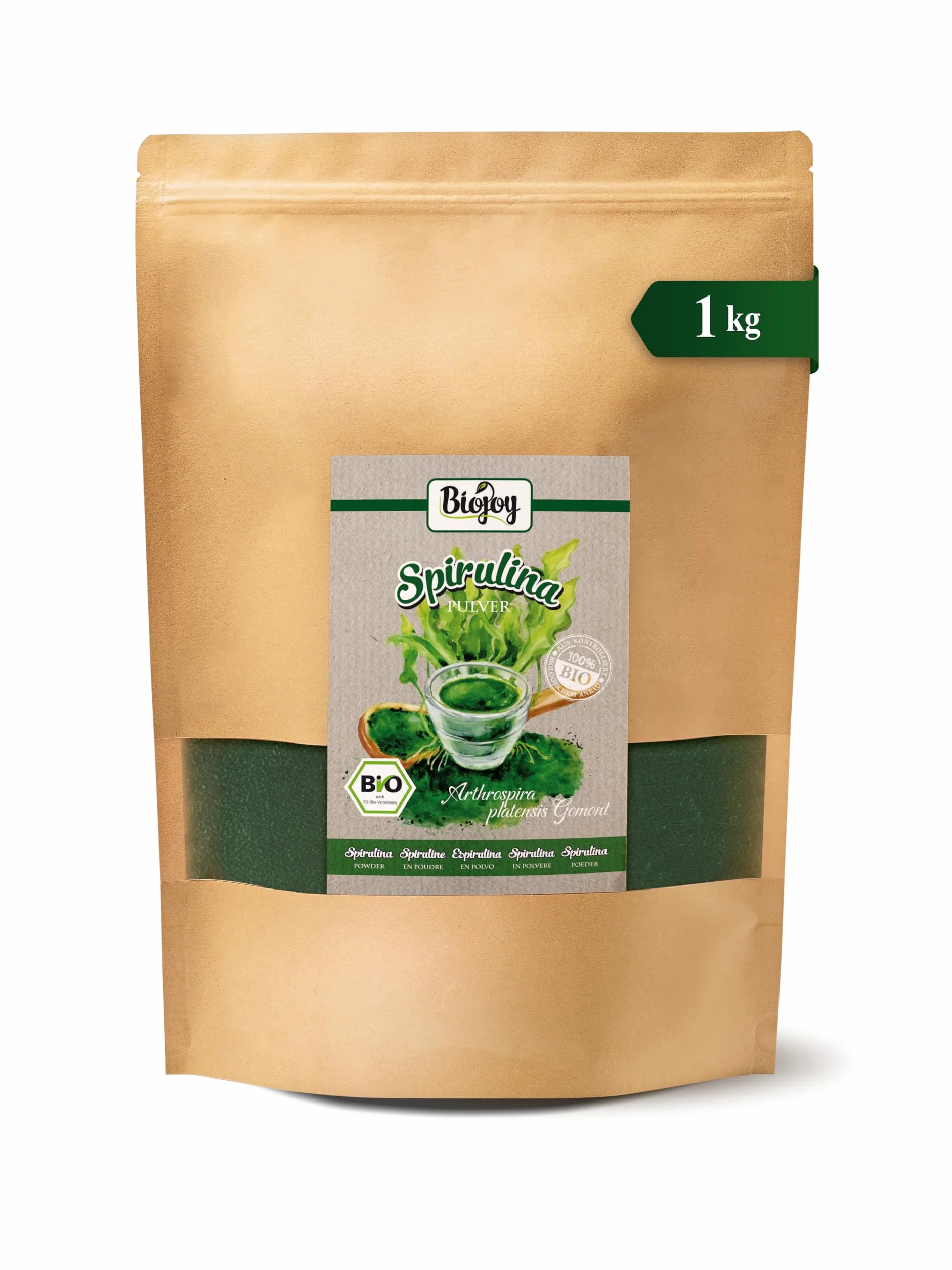 Biojoy BIO-Spirulina Pulver (1 kg), roh und rein, Spirulina Algen (Arthrospira platensis)