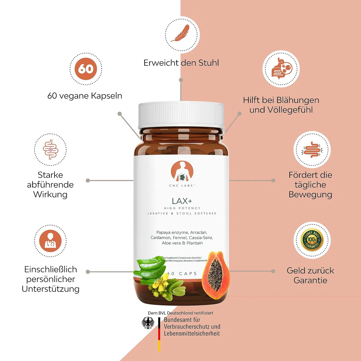 Abführmittel schnell wirkend LAX+, Stuhlweichmacher, 100% natürlich mit Aloe Vera, stark bei Verstopfung, lindert Verstopfung mit Papaya, Arraklan, Kardamom, Fenchel, Senna, Pflanzen