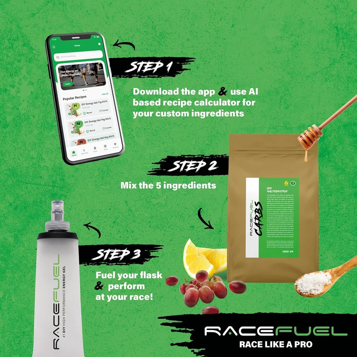RaceFuel Maltodextrin • Kohlenhydrat Pulver für Sport, Laufen, Radfahren, Triathlon • Ideal zur Herstellung von High-Power Energy-Gel • Hochverträglich • 100% Vegan (1kg)