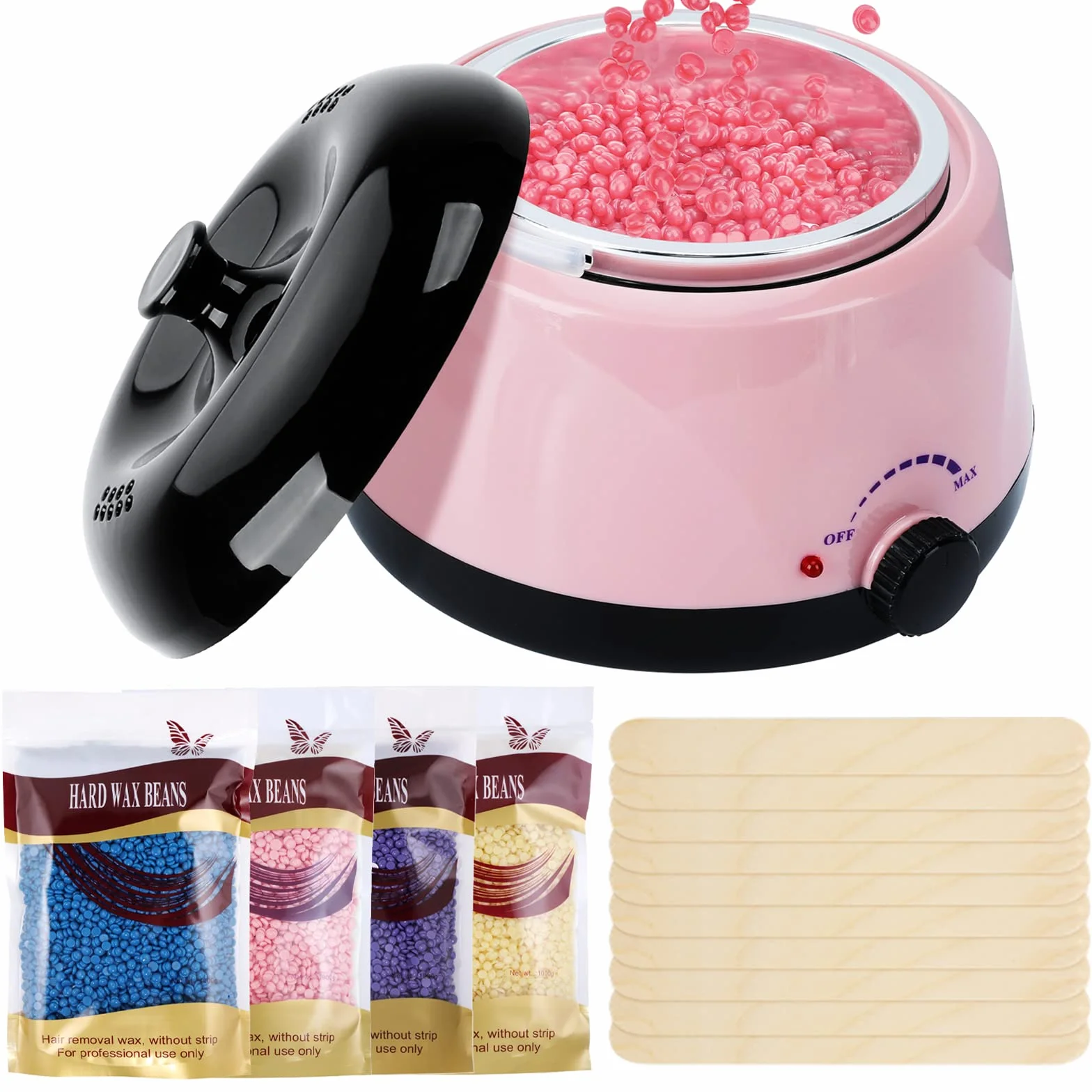 Wachswärmer Wachs Haarentfernung - Wax Maschine Wax Heater Wax Warmer Waxing Set Heisswachs Wachsgerät Wachs Kit mit 4x100g Wacshbohnen, 20 Holzspateln Kann für Körper, Beine,Bikini, Männer und Frauen