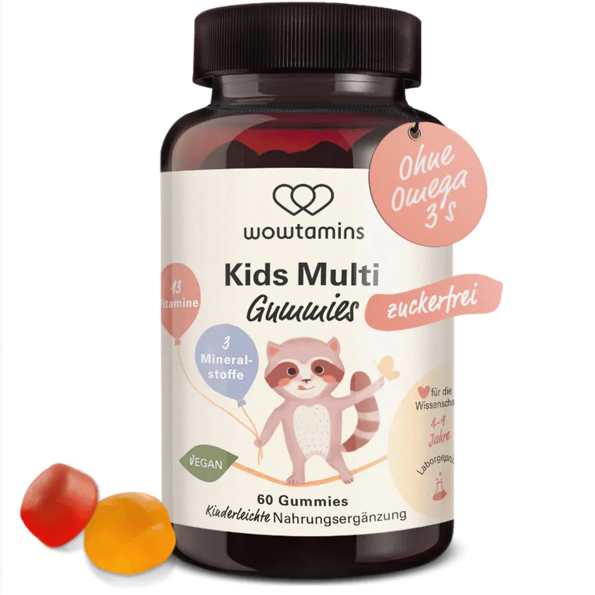 wowtamins Kids Multi Gummies zuckerfrei - Vitamine für Kinder (30-Tage-Vorrat) mit 13 Vitaminen & 3 Mineralstoffen - Nahrungsergänzungsmittel als hochdosierte & Vegane Multivitamin Gummies