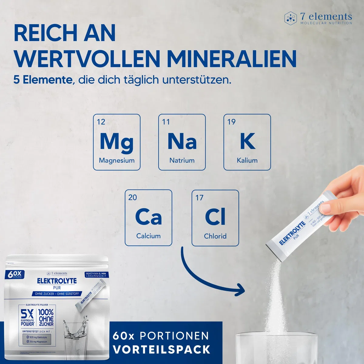 Elektrolyte PUR - 60 Stück - Ohne Zucker & ohne Süßungsmittel - 1835mg Elektrolyte für Sport und den täglichen Bedarf - Ohne Zusätze und Aromen - isotonisches Elektrolytgetränk - KETO