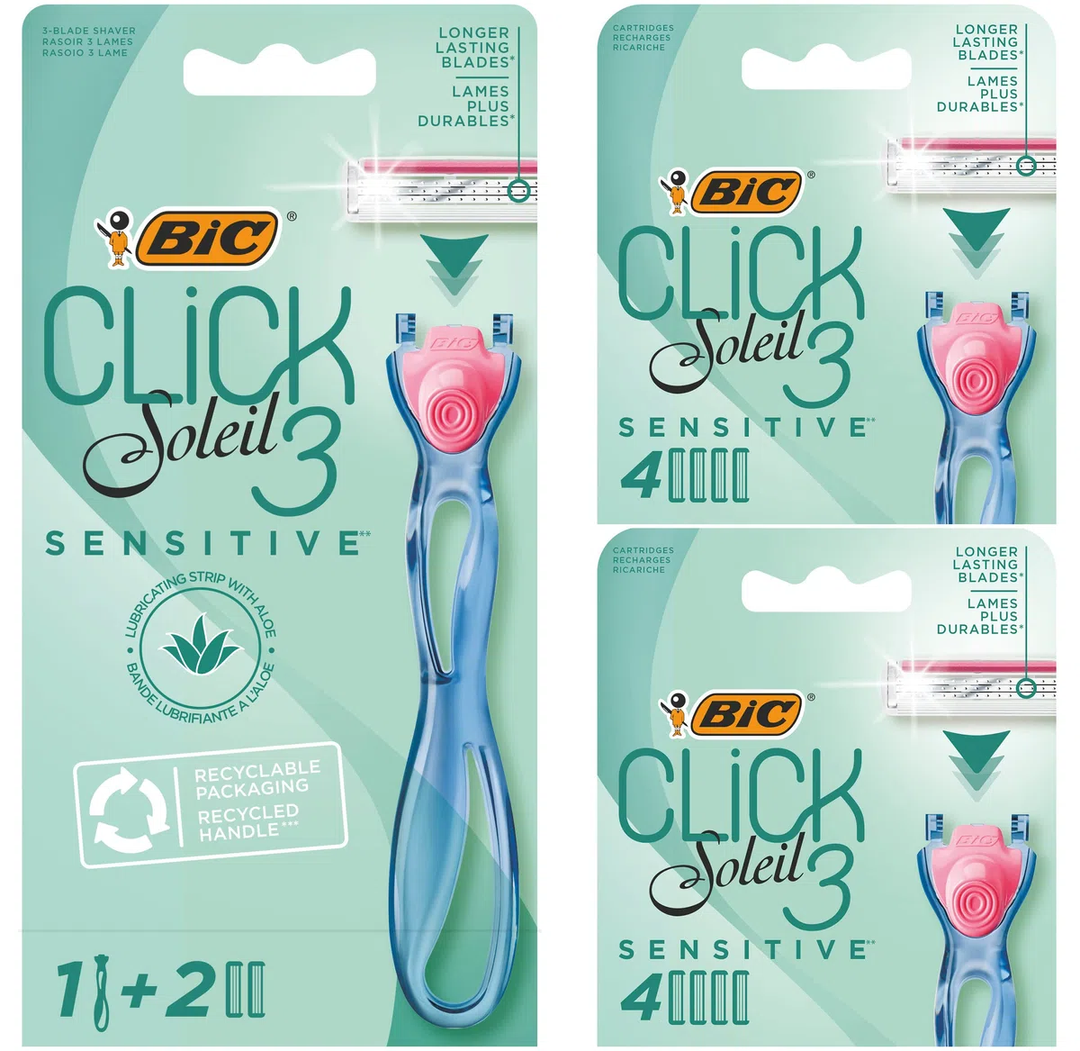 BIC Click 3 Soleil Sensitive Rasierer Damen, Nassrasierer mit 10 Wechselklingen mit je 3 Klingen, mit Aloe Vera & Vitamin E, aus recyceltem Material