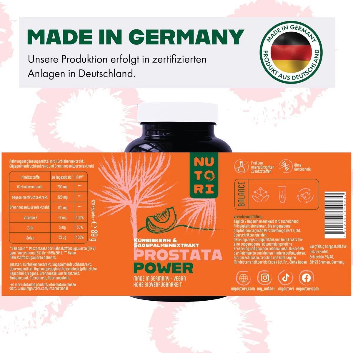 Prostata Kapseln hochdosiert - Kürbiskern- & Sägepalmenextrakt - 120 Kapseln mit Vitamin E, Zink, Selen und Brennnesselwurzelextrakt - 700 mg Kürbiskernextrakt - Vegan - Made in Germany