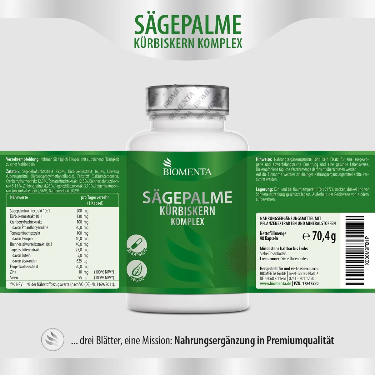 BIOMENTA Sägepalme Kürbiskern Komplex – 90 hochdosierte Kapseln - synergetischer Wirkstoffkompex + Cranberry, Tomate, Brennessel, Lutein, Zeaxanthin, Feigenkaktus + Zink & Selen