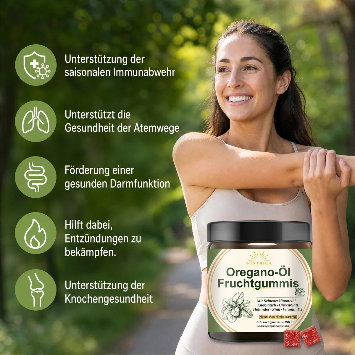 Oregano Öl Fruchtgummis mit Carvacro, Hochdosiert Oregano Öl, mit Schwarzkümmelöl, Knoblauch & Zink – 0% Zucker, scharfer & intensiver Kräutergeschmack, Unterstützt Immunsystem – 60 Stück