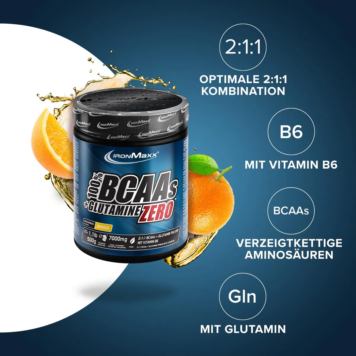 IronMaxx 100% BCAAs + Glutamine Zero - Orange 500g | veganes & zuckerfreies Aminosäuren Pulver mit Vitamin B6 | 6000 mg BCAA´s und 1000 mg Glutamin pro Portion
