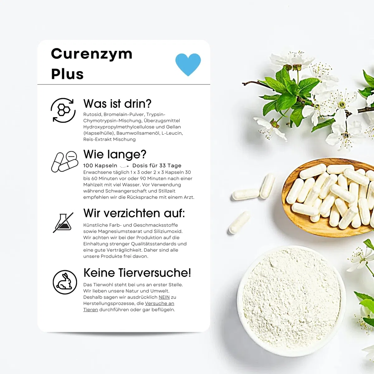 Fair & Pure Curenzym Plus, 100 Kapseln, schluckfreundlich, magensaftresistent, Enzym Komplex mit Bromelain, Trypsin, Chymotrypsin und Rutosid, ohne Magnesiumstearat, made in Germany