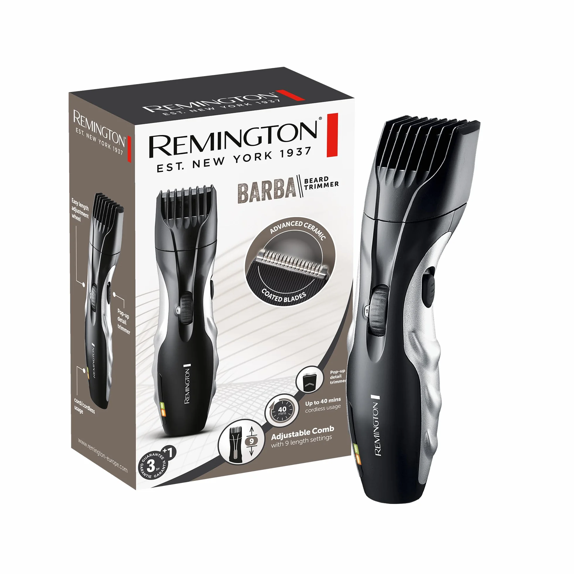 Remington Barttrimmer Herren [selbstschärf. Keramik Klingen/0,4-18mm] Bartschneider Set (Einstellrad mit 9 Längeneinstellungen ab 1,5mm, Netz-/Akkubetrieb, LED Ladeanzeige, Langhaarschneider) MB320C