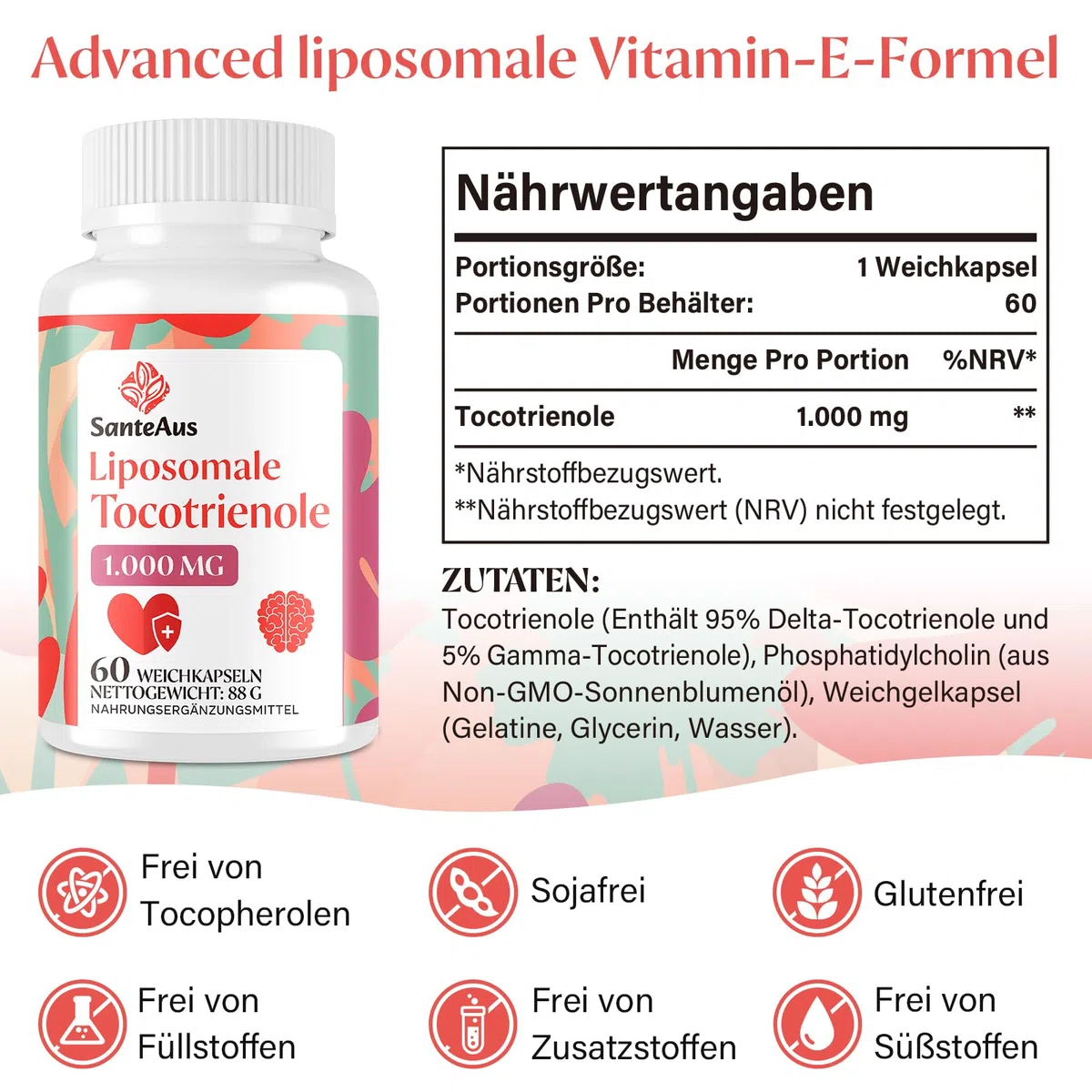 Liposomale Tocotrienole 1000 mg – Vitamin E Kapseln hochdosiert ohne Soja – Tocotrienol Vitamin E Komplex, tocopherolfrei – Antioxidativer Zellschutz – 60 Softgels