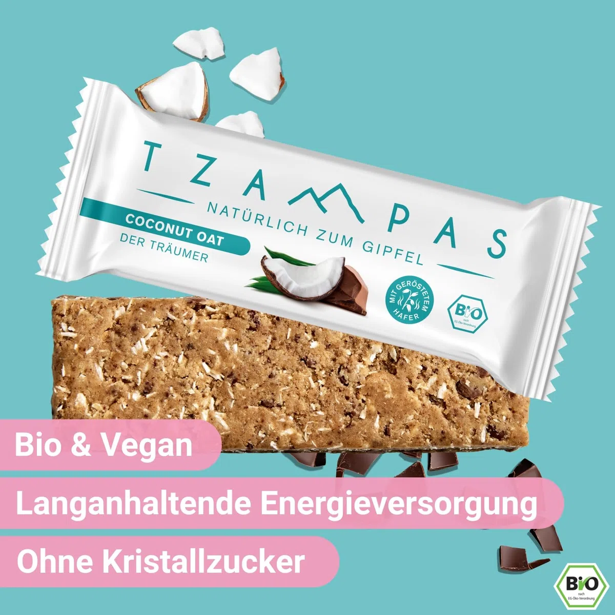 TZAMPAS Energieriegel Bio · Riegel mit Kokos & Hafer · Ideal für Sport & Fitness · Vegan, Clean Eating · 16 x 40g