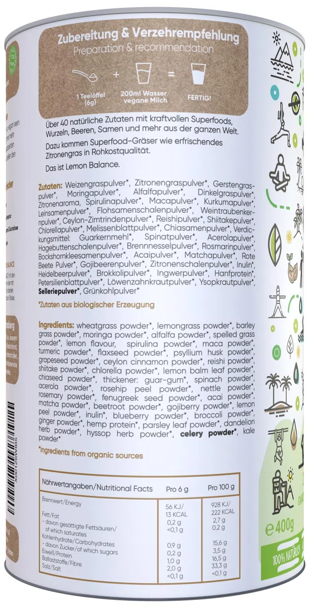 BIO Lemon Balance | Smoothiepulver | 400g | DE-ÖKO-006 | Über 40 Pflanzen wie Weizengras, Zitronengras, Gerstengras | Premiumqualität vom Bodensee | Made in Germany