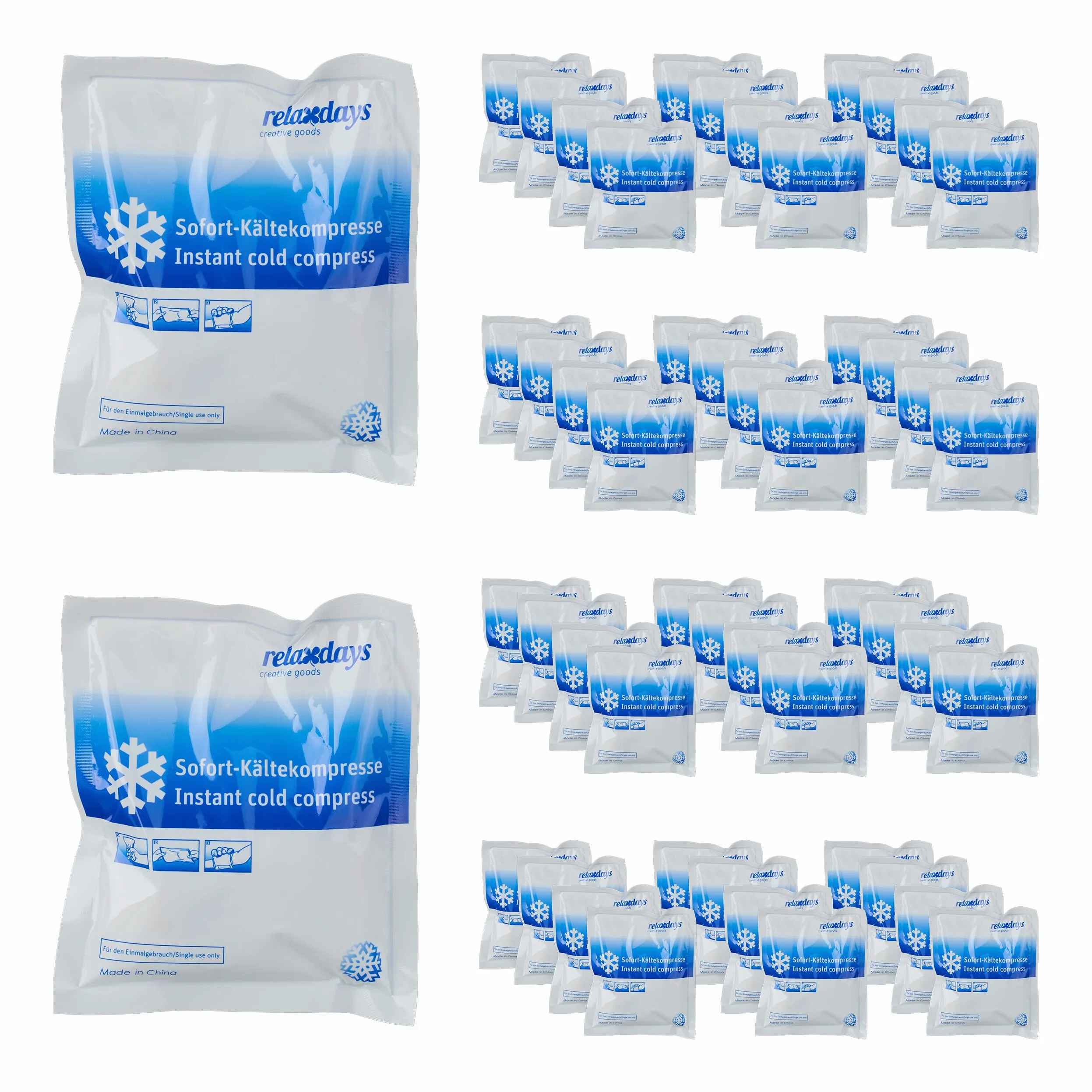Relaxdays Kühlpack zum Knicken, 50er Set, Sofort Kältekompresse, HxB: 14,5 x 12,5 cm, für Sport & unterwegs, weiß/blau