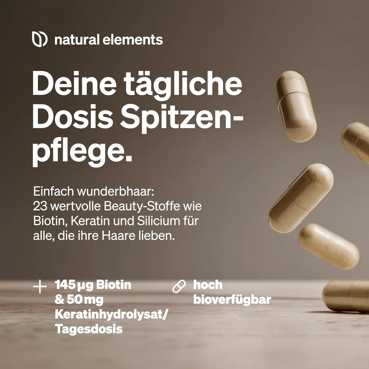 natural elements Haar Vitamine – 180 Kapseln – hochdosiert mit Keratinhydrolysat, Biotin, Selen, Zink, Hirseextrakt, B-Vitaminen & mehr – für Haare, Haut & Nägel* – laborgeprüfte Qualität