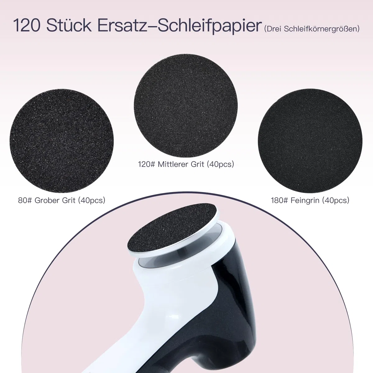 AprElm-E7 Professioneller Hornhautentferner Elektrisch & Fußpflege-Set – Wiederaufladbar, 1000 U/min mit 3 Geschwindigkeiten, 120 Schleifpapier in 3 Größen, für hornhaut entfernen（schwarz）