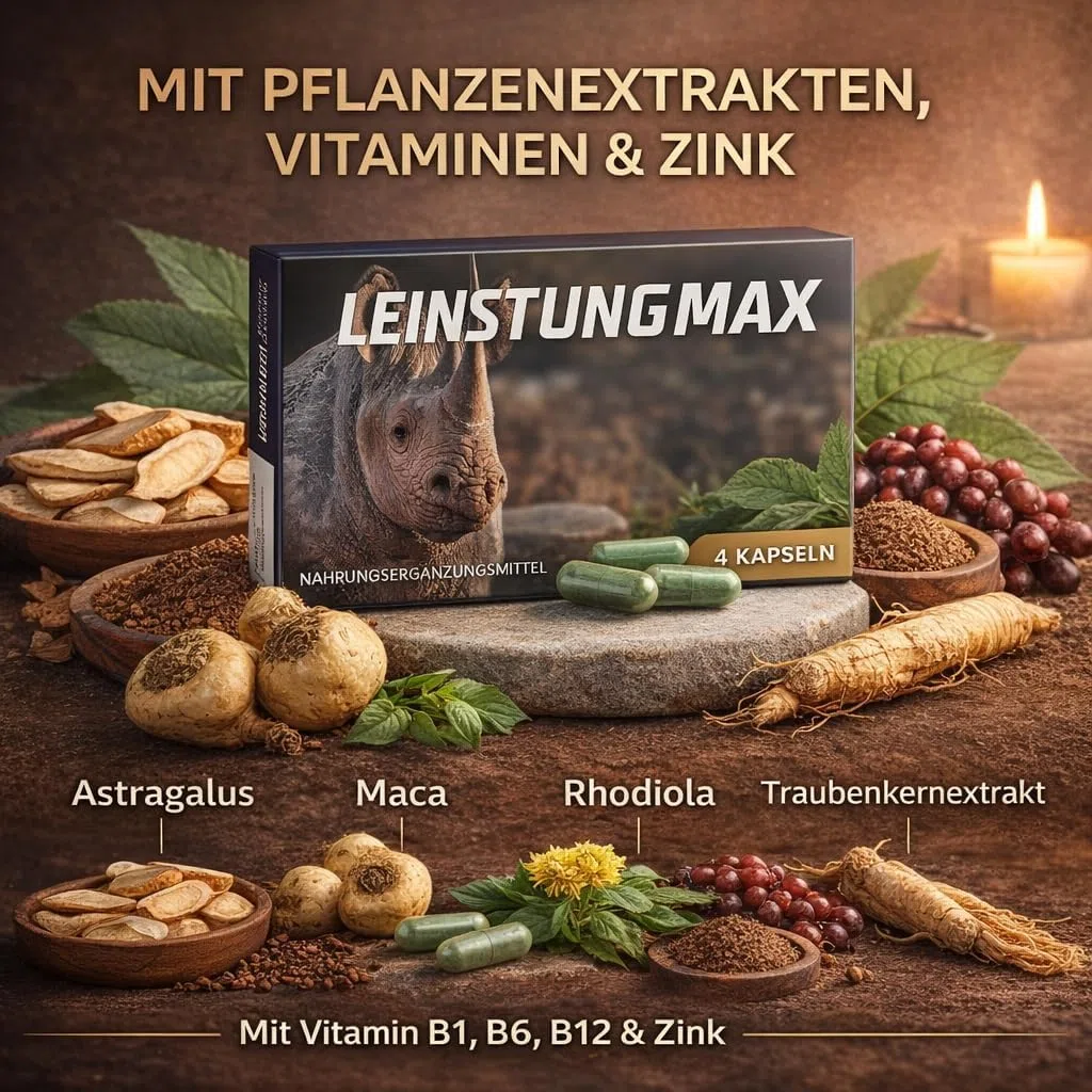 Kapseln mit Ginseng, Maca, Rhodiola, Astragalus, Traubenkernextrakt, Vitaminen & Zink 4 Kapseln – Nahrungsergänzungsmittel für aktive Männer | Praktische 4-Kapsel-Packung