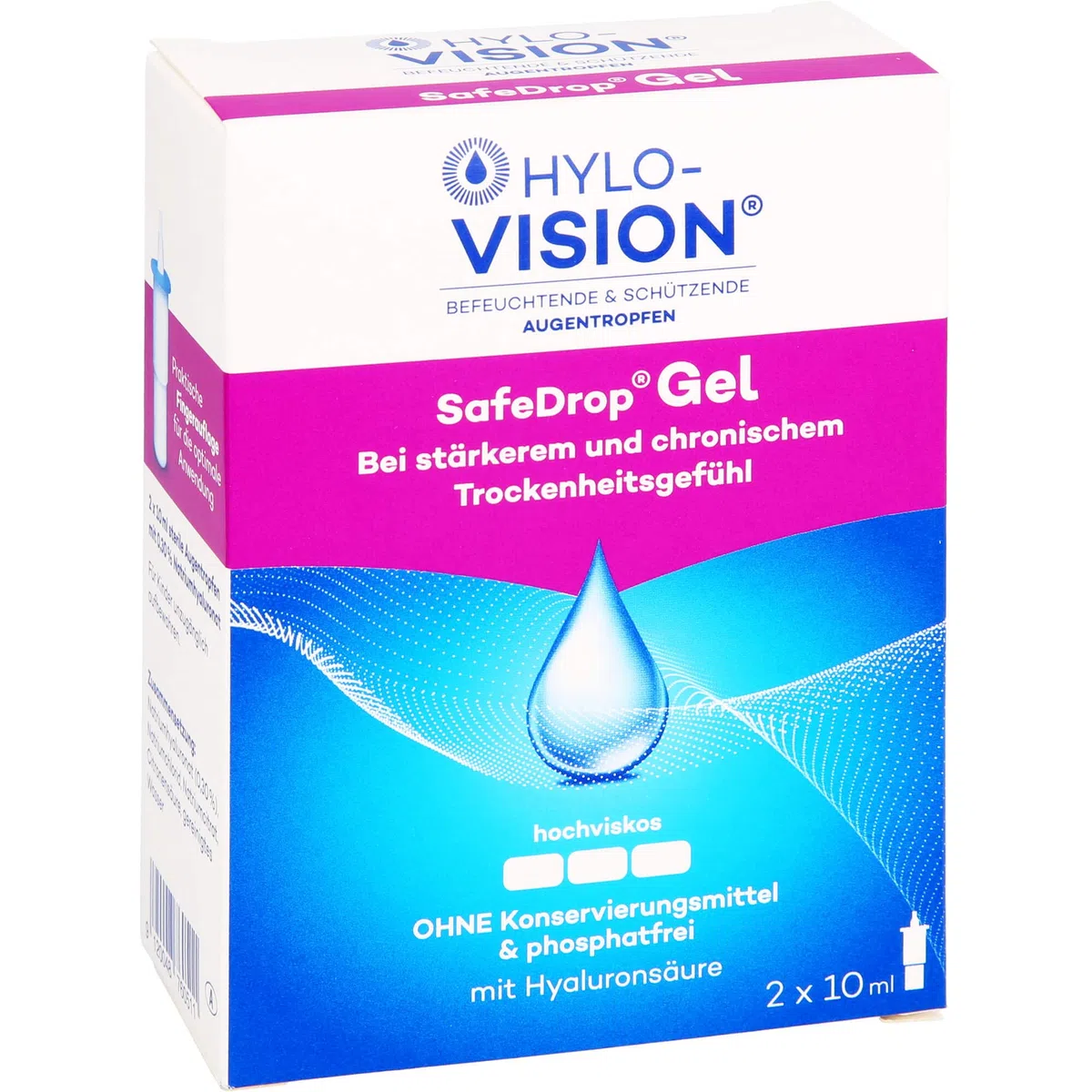 Hylo-Vision SafeDrop Gel Augentropfen – Linderung bei stark und chronisch trockenen Augen, intensive Befeuchtung, hochviskos, konservierungsmittelfrei, geeignet bei Kontaktlinsen, 2x10 ml