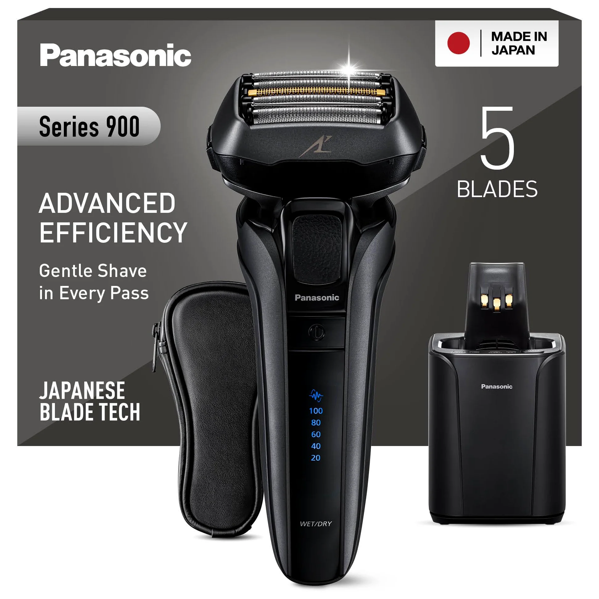 Panasonic Series 900 Premium Nass- und Trocken Rasierer ES-LV9U, 5-fach-Scherkopf mit Linearmotor und Bartdichtensensor Technologie, Pop-up Trimmer, inklusive Reinigungs- und Ladestation, schwarz
