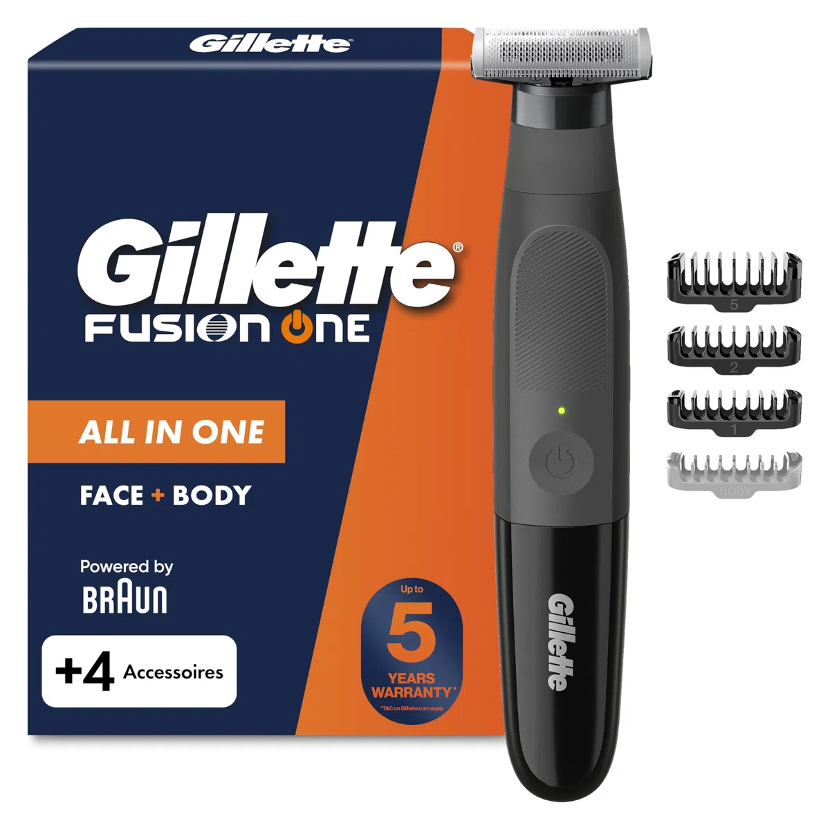 Gillette Fusion One Hybrid Rasierer Herren Elektrisch für Gesicht und Körper, Schwarz - Barttrimmer, Inkl. 3 Kammaufsätze und 1 Körperkamm, Wasserdichter Trimmer, 45-Min Akku, Powered von Braun