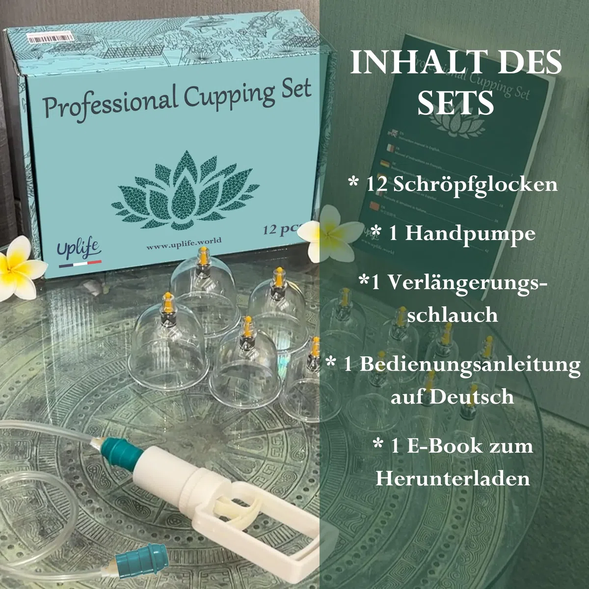 Uplife Schröpfgläser mit Vakuumpumpe - Schröpfset mit Gläsern für Schröpfen & Cupping Therapie - Schröpfgerät & Massage Set Physiotherapie Zubehör - Cupping Set (12 stück)